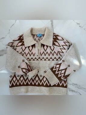 CeCe Cream, Brown & Pink Geometric Polo Sweater